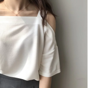 1436 韓系寬鬆顯瘦露肩針織純色T恤
